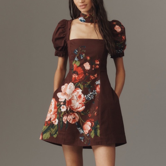 Anthropologie Maeve Brown Floral Square-Neck Puff Sleeve Mini Dress Anthropologie Maeve Brown Floral Square-Neck Puff Sleeve Mini Dress